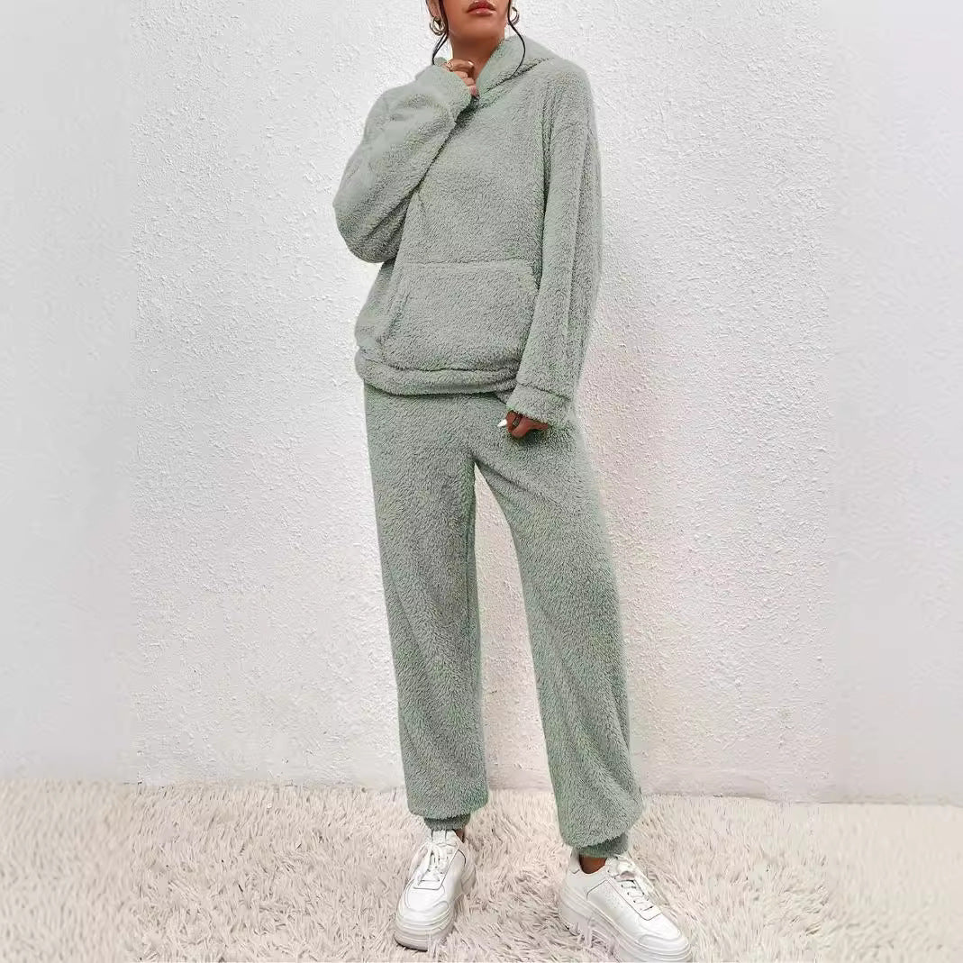 Žiemos pliušinių pižamų komplektas, madingas laisvalaikio stiliaus gobtuvas su viršutine dalimi ir elastinės juostos kelnės, šiltos sofos kilimai, namų drabužiai, moteriškų kelnių komplektas, drabužiai