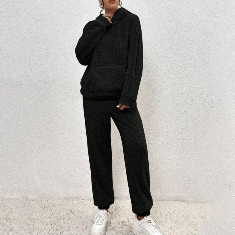 Žiemos pliušinių pižamų komplektas, madingas laisvalaikio stiliaus gobtuvas su viršutine dalimi ir elastinės juostos kelnės, šiltos sofos kilimai, namų drabužiai, moteriškų kelnių komplektas, drabužiai